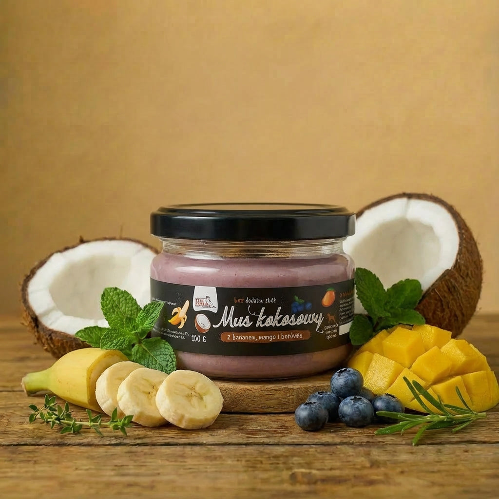 Syta Micha - Mus kokosowy z bananem, mango i borówką 150g