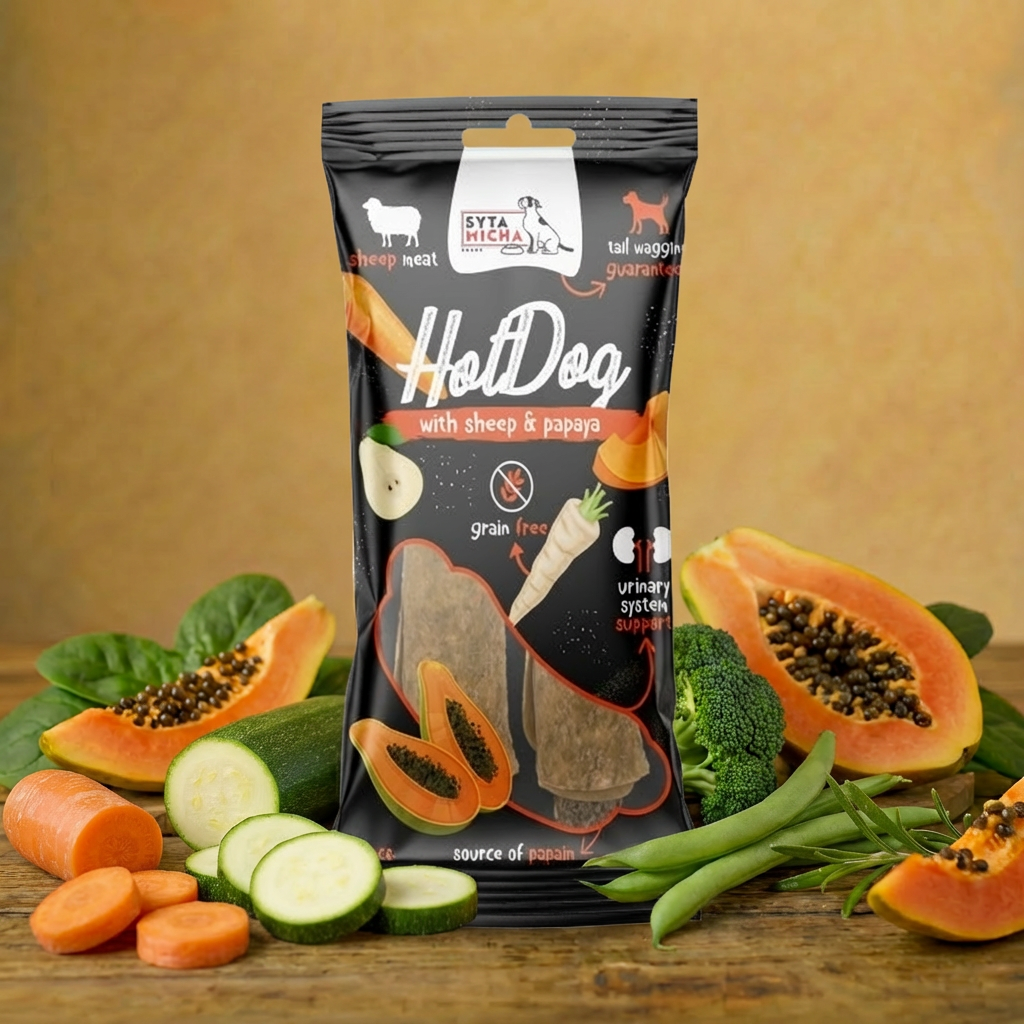 Syta Micha Hot Dog Gryzak dla psa warzywny z papają w skórze owcy 15 cm – 2 szt.