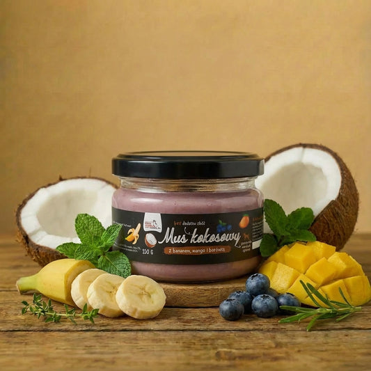 Syta Micha - Mus kokosowy z bananem, mango i borówką 150g
