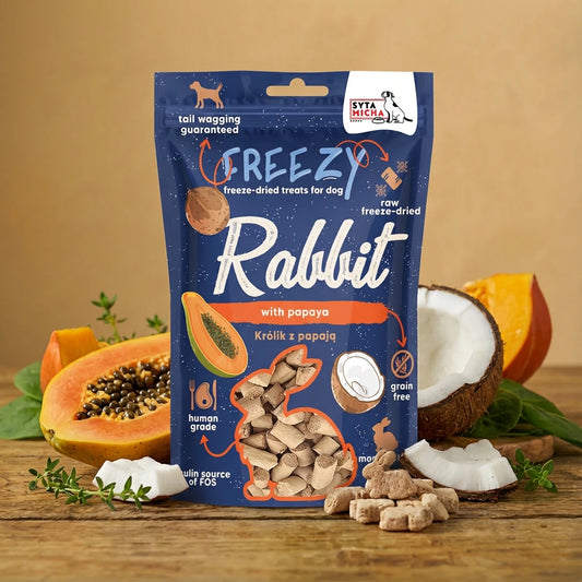 Syta Micha Królik Papaja Kokos Smaczki Przysmaki liofilizowane dla psa 40g