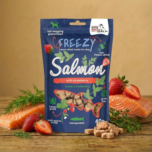 Syta Micha Łosoś Truskawka Bazylia Smaczki Przysmaki liofilizowane dla psa 40g